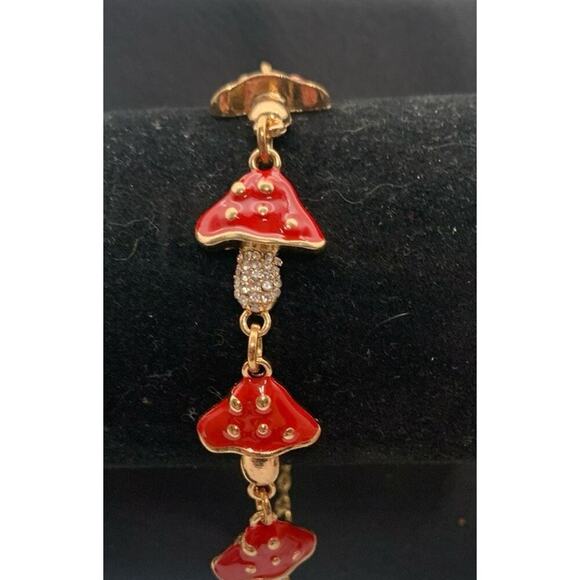 Gold Tone & Red Enamel With Clear Rhinestones Mushroom Cottagecore Bracelet Boho - Picture 1 of 5